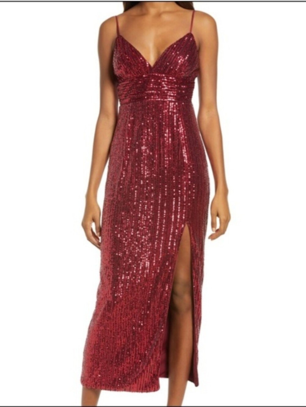 SAYLOR Gillian Burgundy Sequin Spaghetti-Strap Evening Midi Dress Event